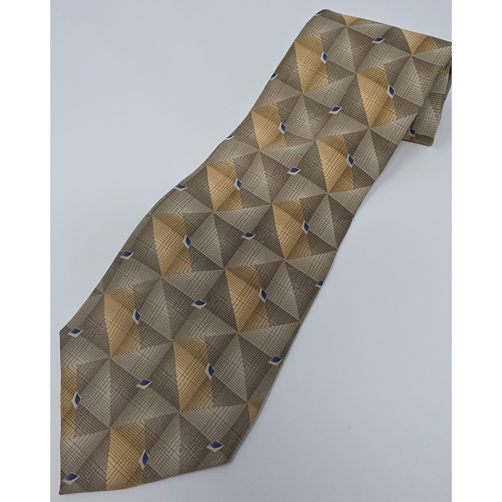 Crazy Horse Claiborne Co. Necktie Mens Gold Silk Geometric Grid Pattern Formal